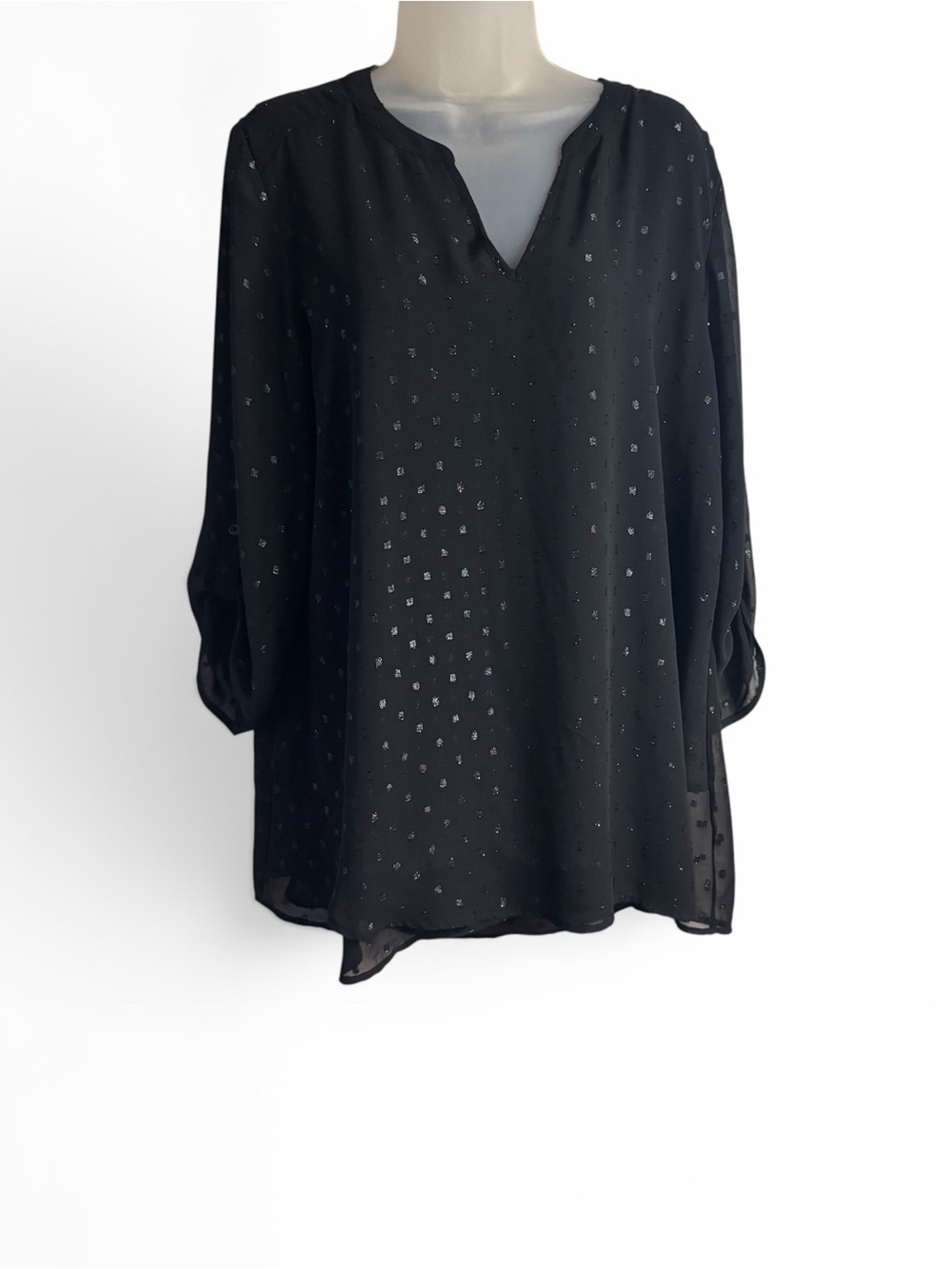 GORGEOUS Black V-Neck Blouse w/Black Sparkle LARGE #14